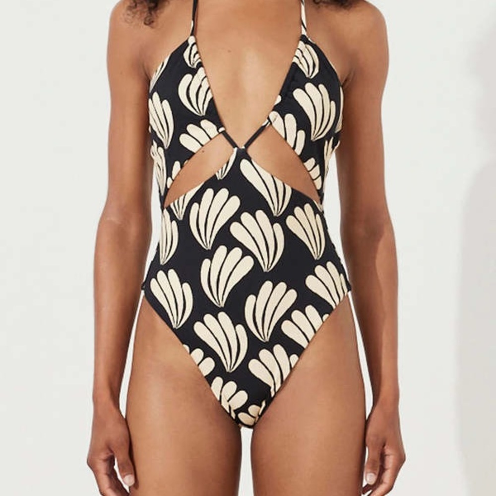 Zulu & Zephyr Black and Cream Palm Cut Out One Piece Swimsuit - Picture 2 of 7